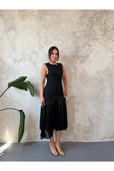 Elbee Fashion Woman Μαύρο ασύμμετρο φόρεμα με επένδυση