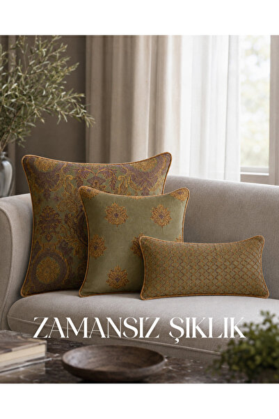 BEZEK Paro 3’lü Dekoratif Kırlent Seti Yeşil – 30x60, 40x40, 50x50 Dolgulu Kı...