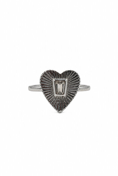 Jack Ferrero Stylish and Durable Gray Steel Ring with Heart Motif and Stone D...