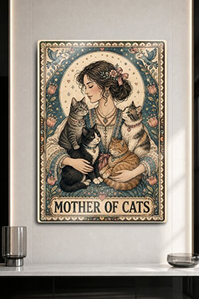 DekorHane Imprimare metalică - Mama Pisicilor, pictură romantică vintage cu m...