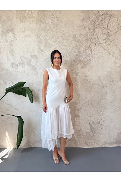 Elbee Fashion Woman Λευκό ασύμμετρο φόρεμα με φόδρα