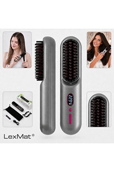 LexMat ®   Perie de îndreptat părul fără fir, Ioni negativi, Afișaj LCD, 11 s...