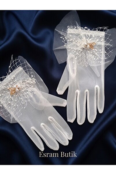 Esram Butik Pearl Beading and Stone Detailed Tulle Bridal Gloves, Wedding Dre...