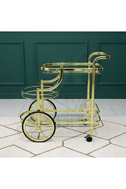 Al Hadaya Mall Elegant Stainless Steel and Glass Serving Cart 77x73x35 cm _ Gold