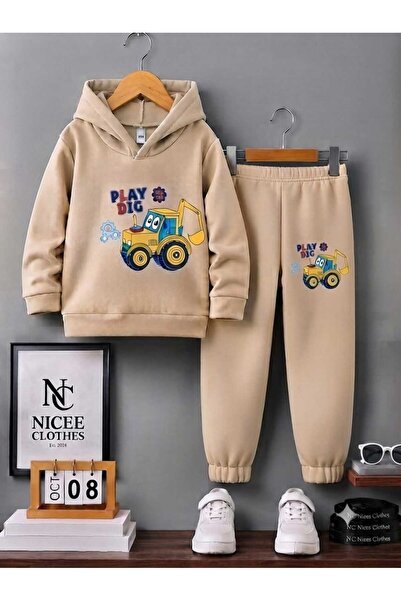 NC Nicee Clothes Детски анцуг унисекс (зимен, с принт на жълт трактор и лопата)