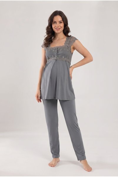 Pelin Women's Smoked Lace Maternity Pajama Set with Breastfeeding Detail
