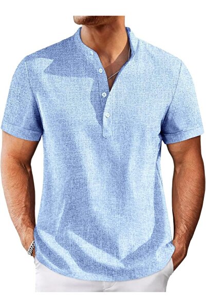 Runcati Ronkaty men's henley shirts short sleeve casual stripe collar linen s...