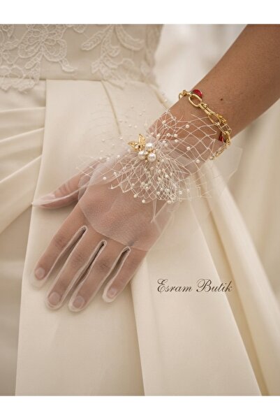 Esram Butik Bridal Gloves - Pearl Embroidered Wedding and Engagement Gloves w...