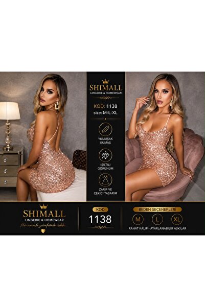 1138 Kadın Rose Gold Parlak Mini Gecelik – Askılı Sırt Dekolteli Işıltılı Fantazi Elbise M-L-XL