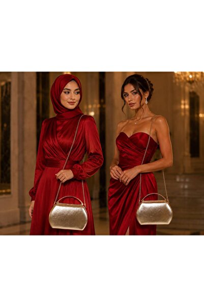 womenacs حقيبة سهرة ذهبية اللون بتصميم ريفي من مواد ريفية مع حزام سلسلة للزفا...