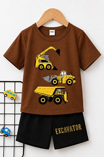 beeton Excavator Baskılı Çocuk Kahverengi T-Shirt- Siyah Şort Takım - Çocuk Y...