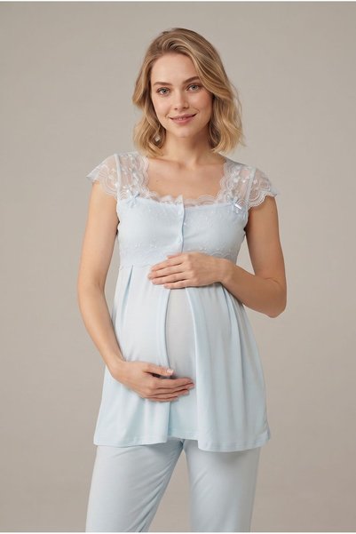 Pelin Women's Blue Lace Breastfeeding Detailed Maternity Pajama Set