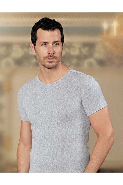 Zulu Ticaret Tutku-Men's Gray Short Sleeve V-Neck Ribbed Undershirt