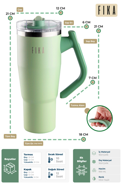 NEOFLAM Fika Lumi Patentli Döner Kulplu Sızdırmaz Çift Ağızlıklı Çelik Termos 950 ML - Mint Yeşili