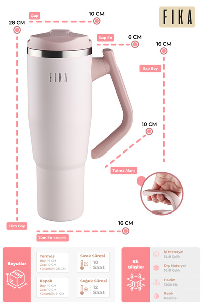 NEOFLAM Fika Lumi Patentli Döner Kulplu Sızdırmaz Çelik Termos 1200 ML - Pembe