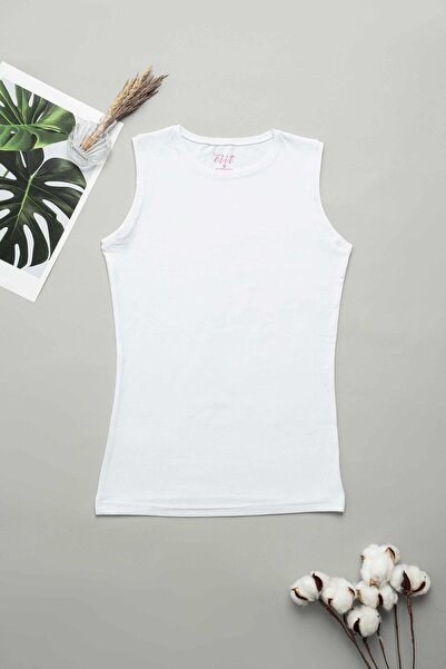 Zulu Ticaret Elit Elastane Zero Sleeve Crew Neck Women's White Bodysuit