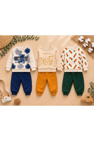 Organic Product DimpleBaby 3’lü Bebek Eşofman Takımı – Sevimli Baskılı Sweatshirt Jogger Set 6-24 Ay