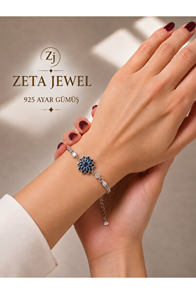 Zeta Jewel 925 Ayar Gümüş Mavi Safir Taşlı Lotus Bileklik Çift Zincirli Yeni ...
