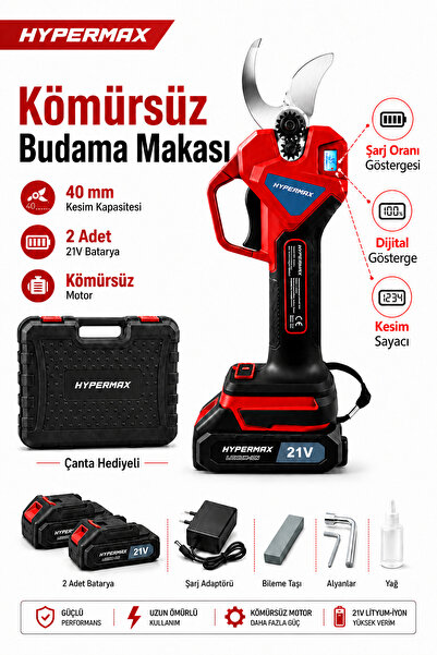 hypermax Çift Akülü 40 Mm Çelik Şanzuman Dijtal Göstergeli Şarjlı Dal Ağaç Ke...