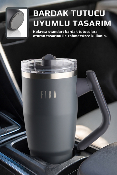 NEOFLAM Fika Lumi Patentli Döner Kulplu Sızdırmaz Çift Ağızlıklı Çelik Termos 950 ML - Antrasit
