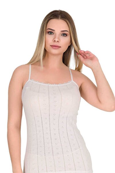 Zulu Ticaret Women's Patterned Thin Strap Cotton Tank Top 8050 Ecru