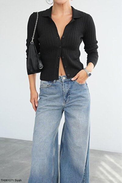CADDELAMODA Women's Polo Collar Buttoned Slim Premium Cardigan