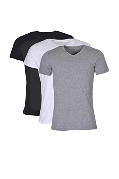 Zulu Ticaret Tutku-Men's Ribbed V-Neck 3-Piece Gray Undershirt