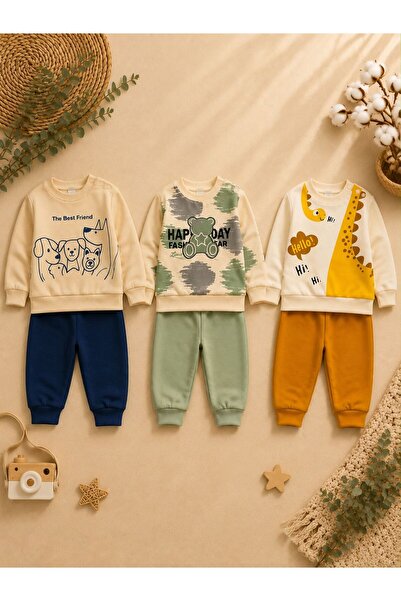 Organic Product DimpleBaby 3’lü Bebek Takım Seti – Baskılı Sweatshirt ve Jogger Alt 6-24 Ay