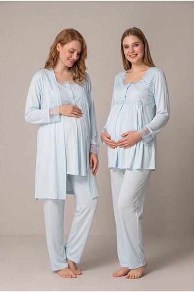 LOHOUSE Women's Blue Lace Long Sleeve Maternity Pajama Set with Dressing Gown...
