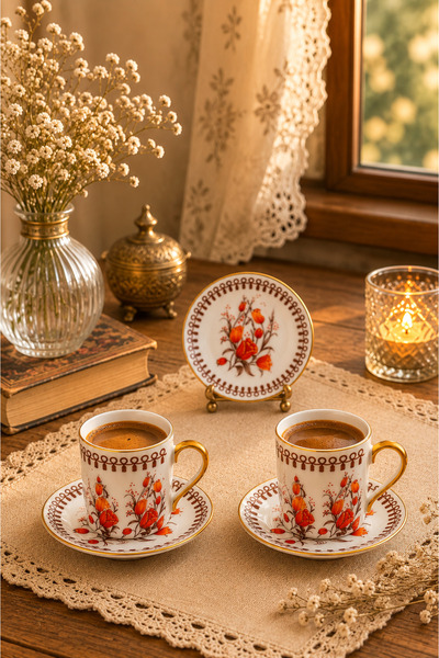 Gülümseten Avm Nostalgic Curtain Patterned Turkish Coffee Cup Set for 2 People 90 ml – Vintage Cup Set with Floral Pattern