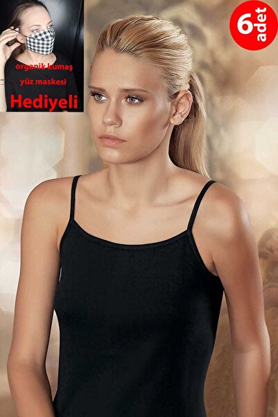 Zulu Ticaret Women's Black Ribbed Rope Strap Flat Undershirt 6 Pieces Mb001