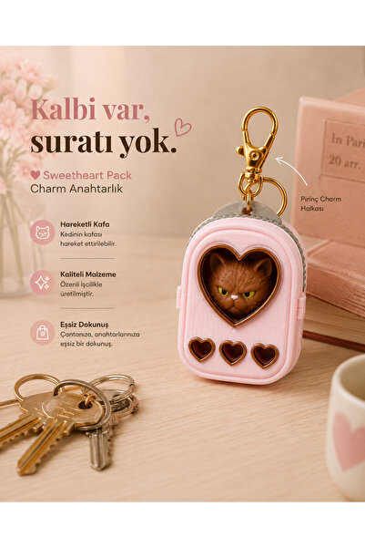 Duxud Cat Figurine Charm Keychain – Sweetheart Pack Pink Bag Ornament with Mo...
