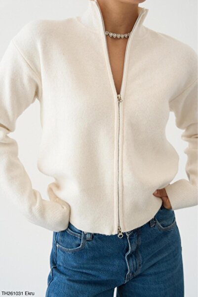 CADDELAMODA Women's Stand Collar Double Zipper Soft Cardigan