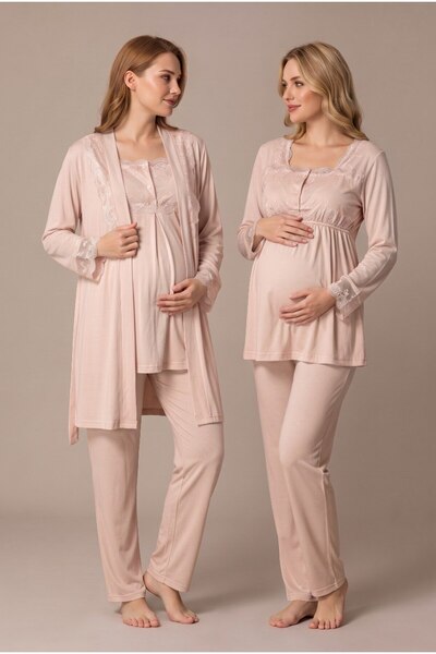 LOHOUSE Women's Beige Lace Long Sleeve Maternity Pajama Set with Dressing Gow...