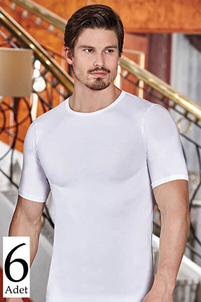 Zulu Ticaret Tutku-Men's White 6-Piece Lycra Short Sleeve Crew Neck Undershir...