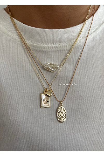 aksesuaris Triple Women's Gold Necklace Combination with Pearl Heart Charm