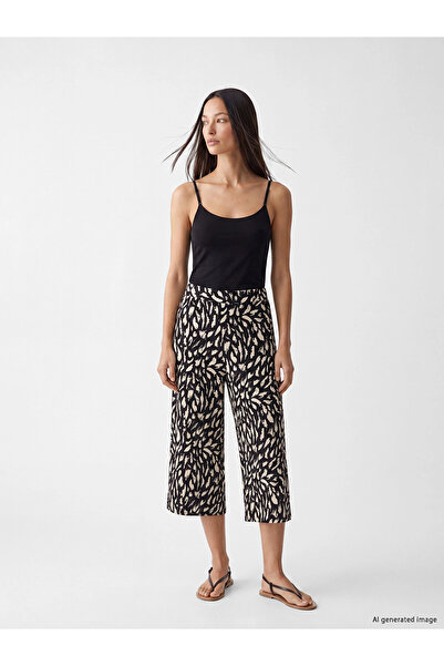LC Waikiki Lcw Everyday Black Elastic Waist Patterned Women's Capri