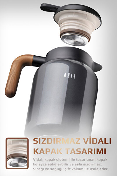 NEOFLAM Fika Paeta Çift Katmanlı Sızdırmaz Kapaklı Çelik Büyük Boy Sürahi Termos 2 Litre - Antrasit