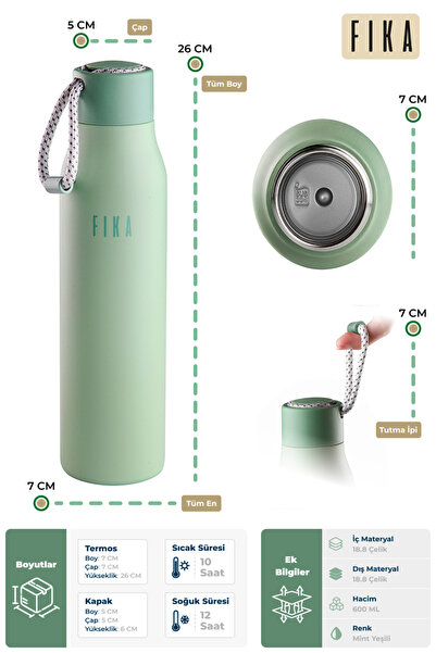 NEOFLAM Fika Rento Sızdırmaz Vidalı Kapaklı Geniş Ağızlıklı Kolay Taşınabilir Çelik Termos 600 ML - Mint Yeşili