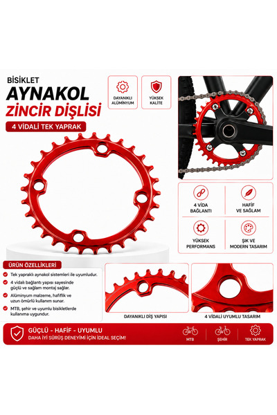 Kasel Bisiklet Aynakol Zincir Dişlisi – 4 Vidalı Tek Yaprak MTB 32T