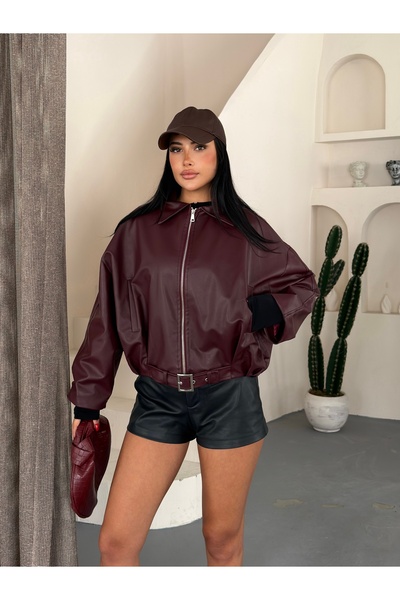 NOTHING Jachetă de damă premium, oversize, din piele artificială, cu centură ...