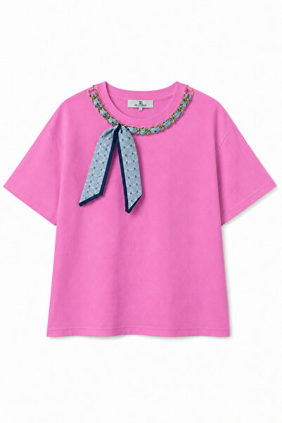 DI LORIA Women's Pink Chain and Scarf Detailed Oversize Short Sleeve T-Shirt (95% Cotton)