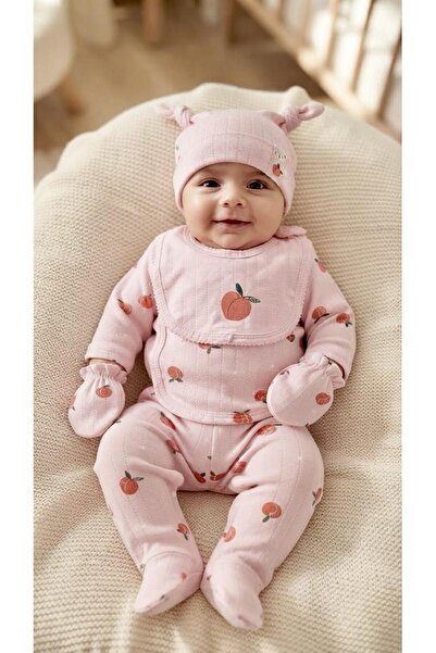 Sinem Çeyiz Ncxs 241005 Peach Patterned Newborn 5-Piece Bodysuit Set