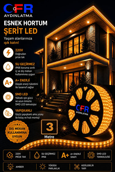 CFR Hortum Esnek Şerit Led Beyaz ,Günışığı,Amber,Kırmızı,Mavi Rengi + 220v Fi...