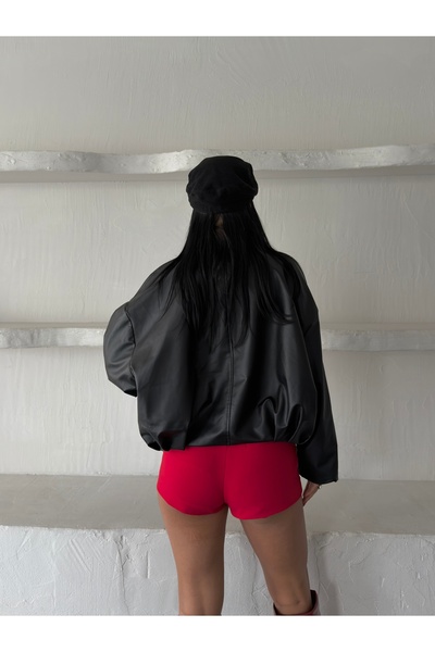 NOTHING Kadın Premium Siyah Kemer Detaylı Oversize Suni Deri Ceket