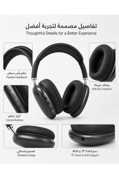 Generic P9 Wireless Bluetooth Over-Ear Headphones - Stereo Sound, Deep Bass, Microphone, AUX Port and TF Card Support - Black