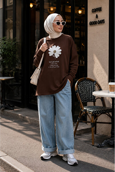 ShopFast Önü Çiçek Nakışlı Bisiklet Yaka Penye Tunik-Sweat-Kahve
