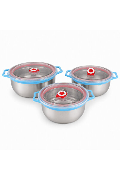 BRANDLESS Set of 3 stainless steel casseroles with transparent lids and valve