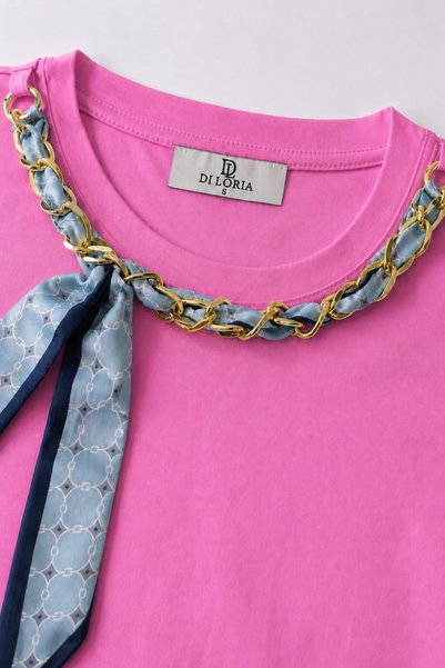 DI LORIA Women's Pink Chain and Scarf Detailed Oversize Short Sleeve T-Shirt (95% Cotton)