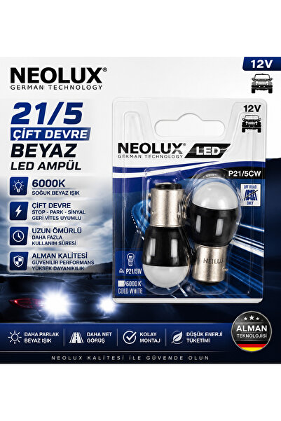 NEOLUX P21/5CW Çift Devre LED Ampul 12V 6000K Soğuk Beyaz Alman Teknolojisi U...